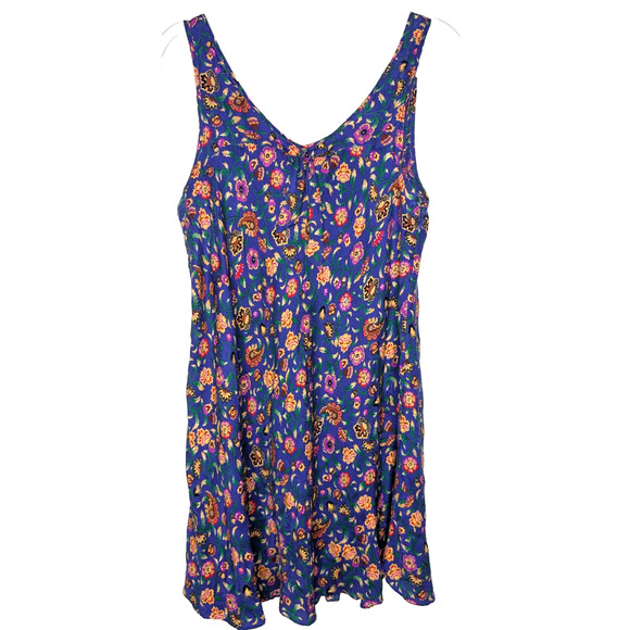 Vintage 90s Y2K Silk Blue Ditsy Floral Babydoll Coquette Boho Slip Mini Dress MD - Picture 1 of 6